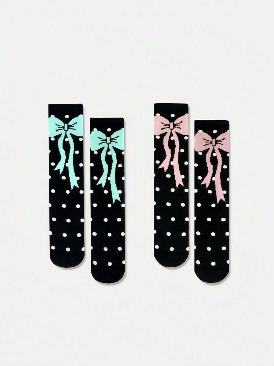 1/2/3/4/5 par skarpetek damskich do połowy łydki z kokardką, o prostym, ale eleganckim wzornictwie i właściwościach odprowadzania wilgoci. Delikatna kokardka zdobi kostkę, dodając odrobinę słodkiego uroku. Idealne na wiosnę i jesień. - Wielokolorowe - Zobacz 1