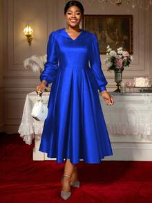 Elegant Plus Size Royal Blue Midi Dress For Women With Long Bishop Sleeves And Jacquard Fabric Flared Hem - Màu xanh lam - Xem 3