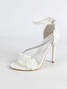 SOLE STORY Women's Tie-Dye 3D Flower & Rhinestone Decor Open-Toe Stiletto Heels, Sweet Party Style, Multicolor Gradient Patent Leather High-Heeled Sandals,Spring Summer Outfits - White - View 9