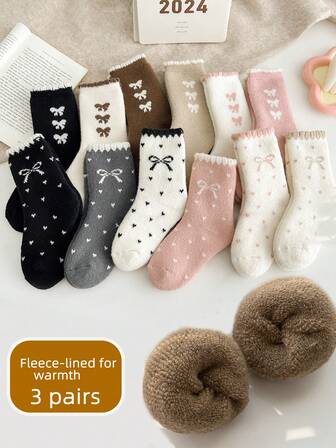 3 pares de calcetines de lana gruesos y cálidos para niñas de 3 a 12 años, con diseño de dibujos animados de mariposas y corazones, calcetines hasta el tobillo para niños