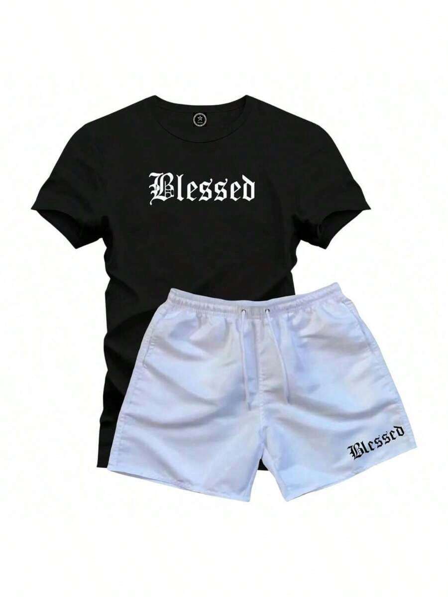 Conjunto Camiseta  100% Algodão + Short Tactel Branco - Preto - Visão 1