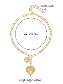 1 Piece 14K Gold Sun Heart Coin Charms Necklace For Women,Unisex Hip Hop Chunky Paperclip Choker Necklace,Cubic Zirconia Letters Love Pendant Necklacefor Wedding/Anniversary/Mother's Day/Valentin's Day/Christmas Day