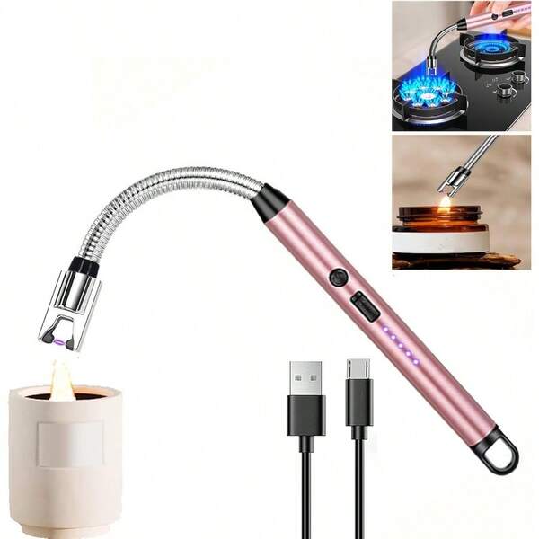 Electric Plasma Candle Lighter Arc Windproof USB Lighter With 360° Flexible Neck Rechargeable Lighter With Safety Lock For Candle BBQ Camping Stove Rose Gold