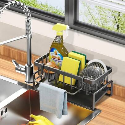 Black Kitchen Sink Sponge Rack With Automatic Drain Tray Kitchen Sink Storage Rack Self-Draining Dish Soap Sponge Holder Countertop-Friendly ABS Plastic