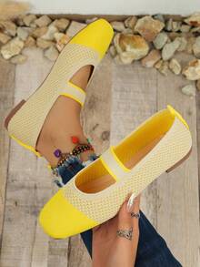 1 Pair Women's Knitted Square Toe Mary Jane Shoes, Beige & Contrasting Color Breathable Flat Shoes, Comfortable One-Piece Belt Casual Everyday Wear - Yellow - View 7