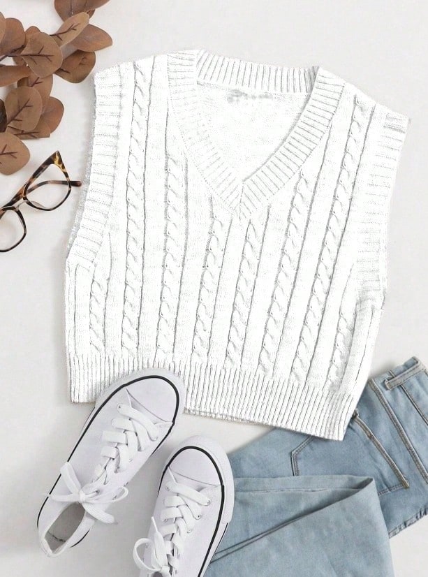 Knitted Sweater Vest With Braided Detail And V-Neck - White - View 1