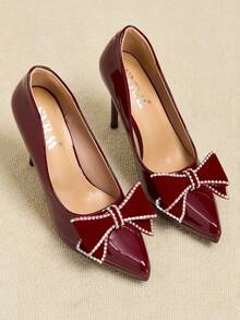 SVRM Women's High Heel Pointed Toe Platform Glossy Patent Leather Bow Rhinestone Decor Fashion Pumps, Elegant & Sexy For Workplace,Burgundy Heels - Burgundy - View 5