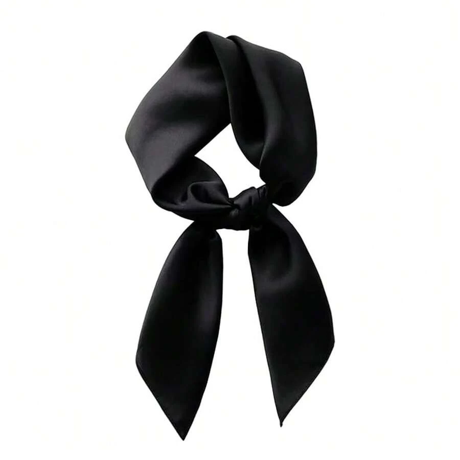 Lastclream Chiffon Square Neck Scarves For Women Handkerchief Retro Satin Ribbon Scarf For Hair Wrapping 23.6inch 26inch,23.6inchRibbon-Black - 23.6吋絲帶-黑色 - 查看 1
