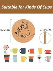 4 件迷人猫咪和葡萄酒雕刻软木杯垫 - 质朴的圆形饮料垫，适用于马克杯、玻璃杯、咖啡和茶 - 送给猫爱好者和葡萄酒爱好者的理想礼物 - 非常适合家庭、餐厅和咖啡馆，猫爱好者的礼物 - 彩色 - 查看 7