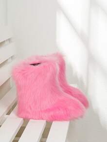 New Winter Warm Plush Faux Fur Snow Boots In Black And Brown,Pink, Ankle Length, With Soft Lining And Comfortable One Foot Design, Suitable For Outdoor And Indoor Wear In Cold Weather. Men's And Women's Couple Snow Boots For Christmas And Halloween Fashion, Outdoor Warm Boots Faux Fur Long Hair Mop Boots, Classic And Versatile Snow Boots For Learning From Each Other - 粉色 - 查看 2