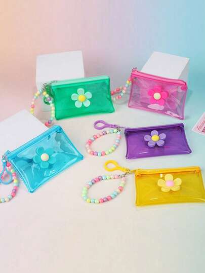 1个时尚透明PVC彩色零钱包，带串珠花链，女孩便携钥匙旅行钱包（串珠花链颜色随机）