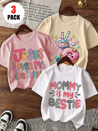 3 件套女童休闲印花圆领短袖 T 恤，彩色 T 恤为每个孩子带来欢乐和幸福，夏季学生上衣