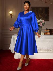Elegant Plus Size Royal Blue Midi Dress For Women With Long Bishop Sleeves And Jacquard Fabric Flared Hem - Màu xanh lam - Xem 4
