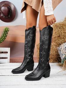 New Plus Size Women's Embroidered Totem Knight Boots, Thick Heel Round Toe High Shaft Boots, Fashion Versatile Autumn/Winter European And American Style - Black - View 2