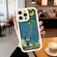 Cubierta de teléfono con borde negro diseño ilustración niña regando planta cielo azul y hojas verdes para uso diario en cafeterías y espacios urbanos Aplicable a los teléfonos de la serie Apple y Galaxy - Negro - Ver 3