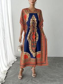 1. 女士V领印花连衣裙，宽松休闲款，袖口带抽绳，美丽度假风连衣裙，优雅阿拉伯女士派对、节日宴会礼服，女士连帽长袍 - 紅色 - 查看 5