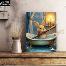 Pintura de arte abstracto plano 2D estilo inodoro, póster en lienzo con marco de madera, conejo bañándose en un elegante baño en una bañera vintage, incluye bolígrafo, adecuado para decoración de dormitorio, sala de estar, cocina, pasillo, baño, regalo de decoración del hogar, decoración navideña - transparente - Ver 2