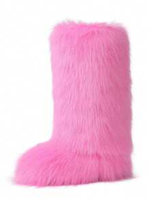 Women Halloween Fashionable Fluffy Winter Christmas Furry Long Boots Pull-On Faux Fur Round Toe Boots Warm Boots Outdoor Flat Shoes Party Casual Winter Fall Boots - 粉色 - 查看 3
