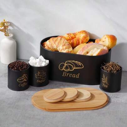 4 piezas Juego de almacenamiento de alimentos de material de metal negro para pan, té, café, azúcar y especias, ideal para Navidad, Acción de Gracias, Pascua y fiestas al aire libre