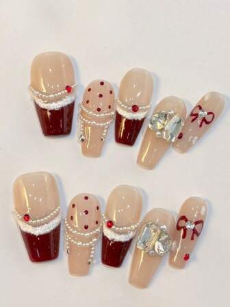 10 Pieces Of Acrylic Press On Nails, Red Press On Coffin Shaped Fake Nails Long Nails DIY Christmas Nails, Based On The Contrasting Colors Of Nude Brown And Wine Red, Paired With Pearl Chains, Red Diamond Embellishments, And Polka Dot Patterns, It Presents An Elegant And Sweet Texture.,Suitable For Women For Wedding, Party, Festival, Holiday, Holiday, Gift Nail Tools