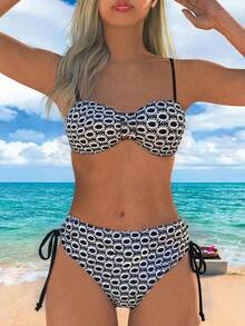 Women's Sunflower Black & White Sexy Spaghetti Strap Backless Bikini Set - Multicolor - View 1