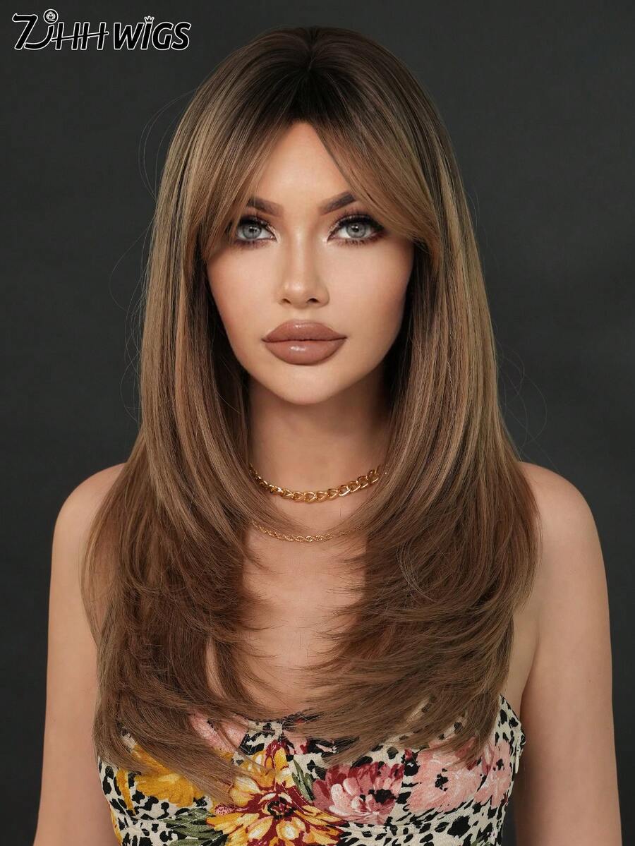7JHH WIGS 优雅的24英寸沙棕色渐变假发，女士款 - 时尚简约的长款层次假发，带刘海，深色发根，耐热全机织合成纤维假发，适合日常佩戴、派对、情人节礼物，假发配件