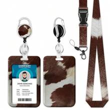 Brown Cow Hide Lanyards For ID Badges, ID Badge Holder With Lanyard Retractable Badge Holder/Reel Lanyard, Teacher Student Office Gifts,BrownCowHide - 棕色牛皮 - 查看 1