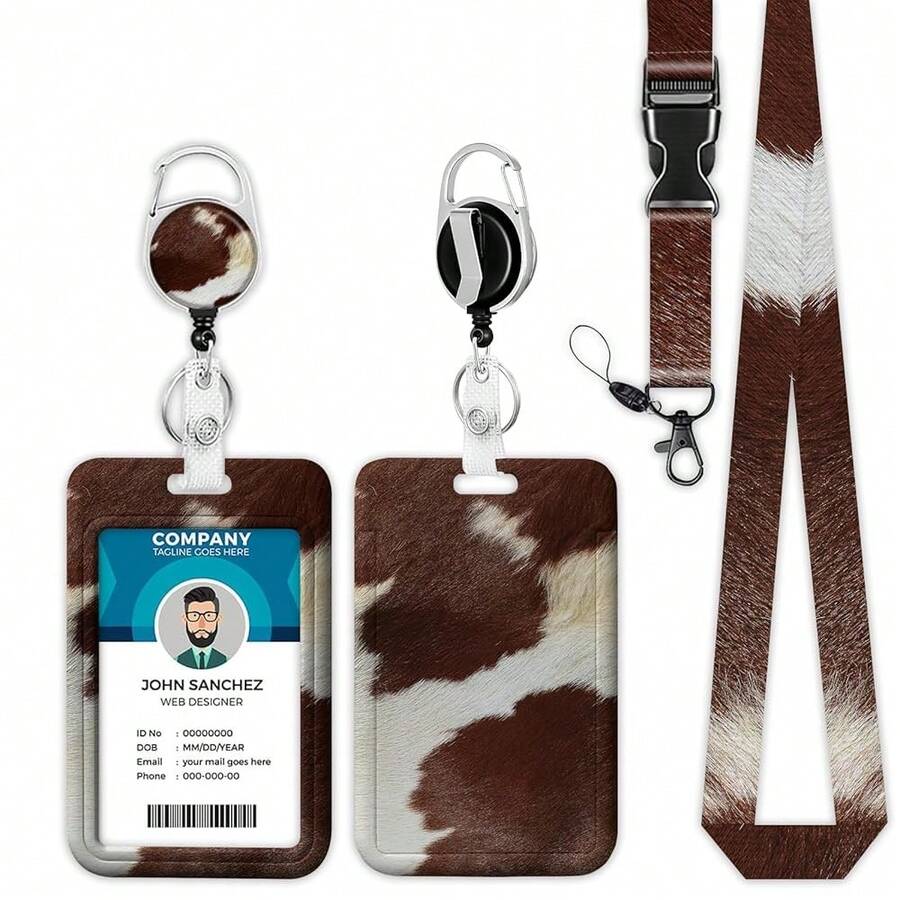 Brown Cow Hide Lanyards For ID Badges, ID Badge Holder With Lanyard Retractable Badge Holder/Reel Lanyard, Teacher Student Office Gifts,BrownCowHide - 棕色牛皮 - 查看 1