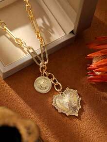 1 Piece 14K Gold Sun Heart Coin Charms Necklace For Women,Unisex Hip Hop Chunky Paperclip Choker Necklace,Cubic Zirconia Letters Love Pendant Necklacefor Wedding/Anniversary/Mother's Day/Valentin's Day/Christmas Day