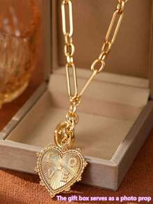 1 Piece 14K Gold Sun Heart Coin Charms Necklace For Women,Unisex Hip Hop Chunky Paperclip Choker Necklace,Cubic Zirconia Letters Love Pendant Necklacefor Wedding/Anniversary/Mother's Day/Valentin's Day/Christmas Day