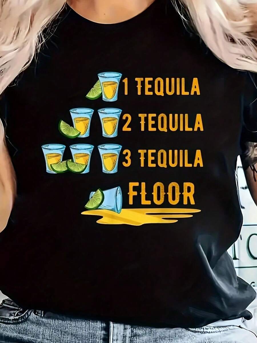 Camiseta de fiesta mexicana festiva | Mujer casual cuello de tripulación manga corta | 95% poliéster, 5% spandex tejido de punto | Longitud regular, lavable en máquina | Gráfico juguetón "Tequila" con diseño de tazas y chips | Versátil para primavera/verano/otoño - Oscuro - Ver 1