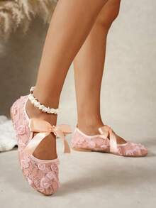 女士优雅蝴蝶结网眼蕾丝平底鞋，饰以3D玫瑰花，镂空透气玛丽珍芭蕾平底鞋，舒适百搭，适合婚礼及日常穿着，秋冬季款 - 粉色 - 查看 4
