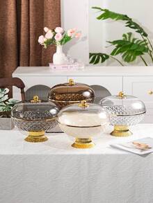 1pc Plastic PET Material Drainage High Foot Tray With Dust Cover, Unbreakable And Reusable Fruit/Dessert/Snack/Cake Display Tray, Suitable For Various Festivals, Weddings, Parties And Events - Round-gold High Feet - View 1