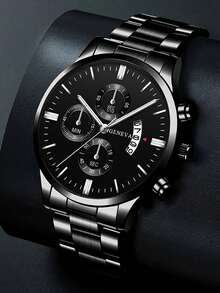 4pcs Men's Steel Band Quartz Watches, Sports Chronograph Watches - Perfect For Halloween, Christmas, Thanksgiving, Valentine's Day, Etc. - Ideal Gift For Boyfriend Or Family - Black - View 5