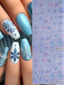 2 Stücke Farbverlauf Schneeflocken 5D Prägung Nagelkunst Aufkleber Winter Schnee Stern Weihnachtsbaum Dekor mit Kristall Strass Elegante bunte Nageldesigns für Acrylnägel Selbstklebende Maniküre Dekoration Nägel - Verschiedenfarbig - Übersicht 3