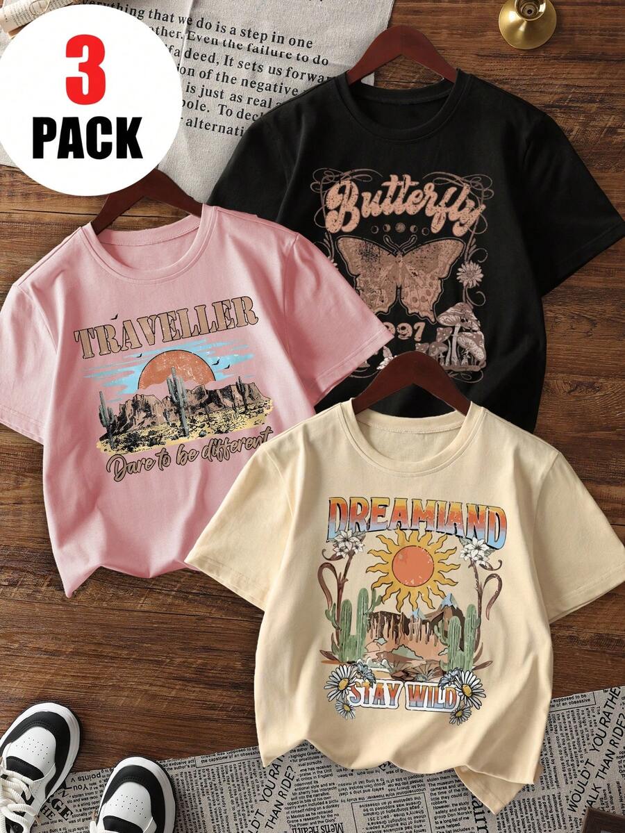 3件套女童休闲印花圆领短袖T恤，适合学生夏季穿着 - 简约时尚复古，数码印花，色彩缤纷，为每个孩子带来快乐！童装，女童图案T恤，夏季上衣，青少年服装 - 粉色 - 查看 1