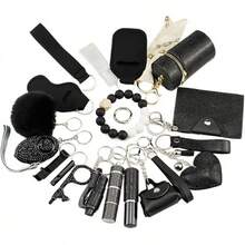 Shiny Safety Keychain Set With Personal Alarm, 19 Pcs Keychain Accessories Kit With Whistle Pompom, Gift Set For WomenChristmas - 黑色 - 查看 1