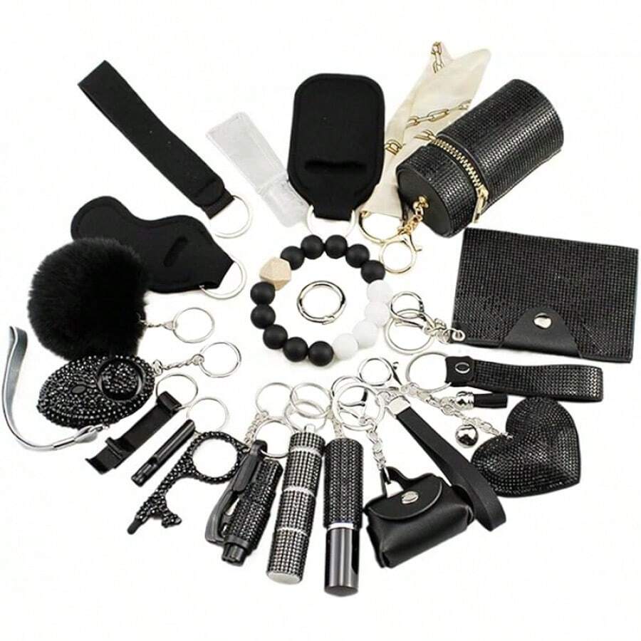 Shiny Safety Keychain Set With Personal Alarm, 19 Pcs Keychain Accessories Kit With Whistle Pompom, Gift Set For WomenChristmas - 黑色 - 查看 1