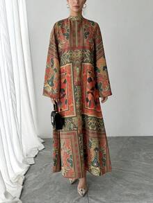Đầm maxi in hoa thanh lịch với tay áo bồng bềnh, khóa kéo phía sau, kiểu dáng thoải mái, nhẹ nhàng, phù hợp cho các buổi tiệc tối sang trọng, kỳ nghỉ, áo choàng Abaya kiểu Ả Rập cho kỳ nghỉ xuân. - Đỏ - Xem 3
