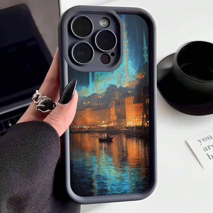 Cubierta de telefono con borde protector color negro diseño de paisaje urbano nocturno con reflexiones en agua y barco iluminado para uso diario y viajes - Café integral - Ver 1