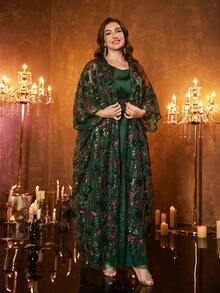 UNITHORSE Plus Women's Round Neck Batwing Sleeve Sequin Patchwork Mesh Embroidered Belt 2 Pieces Turkish Robe - Dark Green - View 5