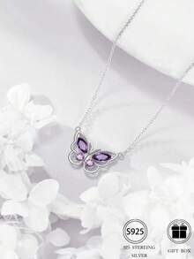 925 Sterling Silvery Butterfly Pendant Necklace, Suitable For Girls, Mothers, And Friends As Gifts - 紫色 - 查看 4