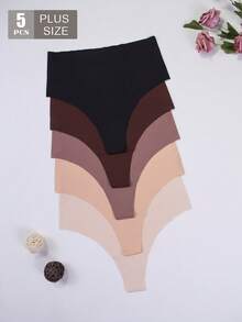 Conjunto de 5 calcinhas modeladoras plus size de cintura alta, modelo fio dental sexy, confortáveis e respiráveis, sem costura, simples, versáteis e de cor sólida. - Multicolorido - Ver 3