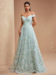 新款奢华高端女士优雅无肩带露肩A字型长裙，饰以大量亮片和珠饰蕾丝，后背系带可调节，适合正式晚宴、派对、婚礼等场合。 - 薄荷綠 - 查看 7