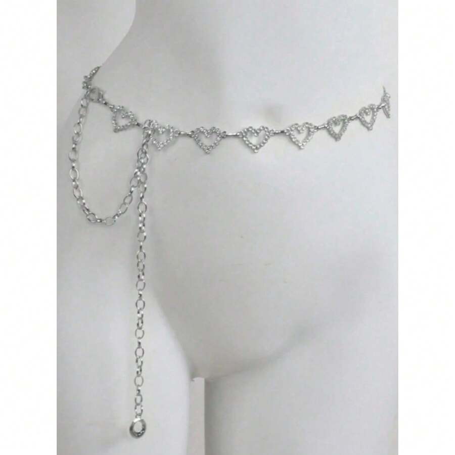 1pc Fashionable Simple Heart Shaped Rhinestone Alloy Waist Chain For Dress Decoration Women - 銀色 - 查看 1