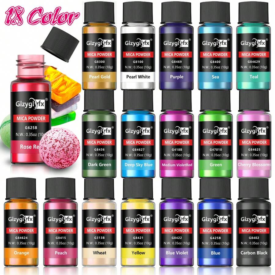 18 Natural Mica Powder Pigment - Epoxy Resin Dye - Soap Candle Dye - Jewelry Pigment - Adhesive Pigment 10g/Bottle - Multicolor - View 1
