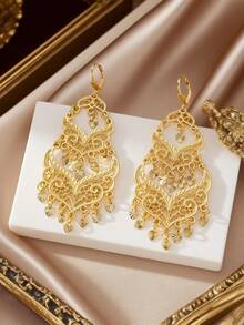 Herseygold 1 Đôi bông tai hình trăng lưỡi liềm rỗng mạ vàng phong cách Trung Đông, bông tai tua rua hình trái tim dành cho cô dâu Algeria, trang sức cưới sang trọng kiểu Ả Rập dành cho phụ nữ - Vàng - Xem 2