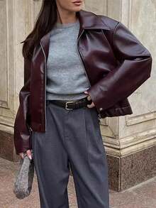Plus Size Solid Color Zip-Up Casual Jacket, Autumn/Winter - Burgundy - View 5