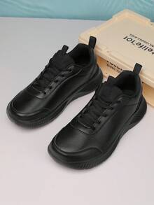 Wide Width Men's Winter Sports Shoes, Black Leather Waterproof Casual Sneakers With Wide Toe Box