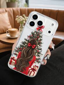 Funda de teléfono con diseño de chica frente al árbol de Navidad en estilo artístico, estampado navideño con vestido rojo, lazo en el cabello y árbol decorado con bolas y regalos, ambiente festivo y acogedor ideal para Navidad y celebraciones, estilo elegante y romántico, funda transparente, resistente a golpes, alta transparencia, compatible con iPhone17/16/15/14/13/12/11/Plus/Pro/ProMax, compatible con Galaxy A34/A35/A54/A55, Galaxy S20/S21/S22/S23/S24/S25 Ultra/Plus, compatible con Moto/Galaxy/Redmi/Honor/OPPO - transparente - Ver 5